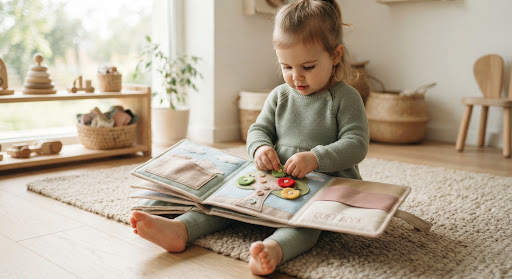 Child playing with a free printable quiet book